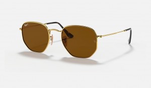 Ray-Ban Hexagonal Flat Lenses Sunglasses Gold and Brown RB3548